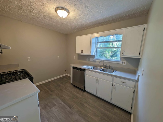 kitchen featuring dark hardwood / wood-style flooring, a textured ceiling, stainless steel dishwasher, white cabinets, and sink