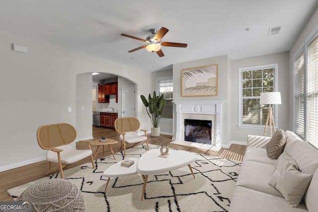 living room with ceiling fan, a premium fireplace, a wealth of natural light, and light hardwood / wood-style flooring