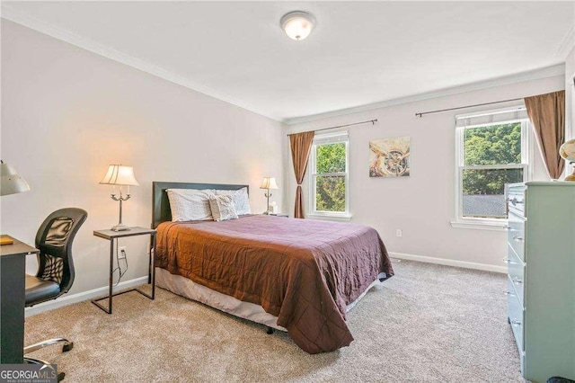 bedroom featuring light carpet and ornamental molding