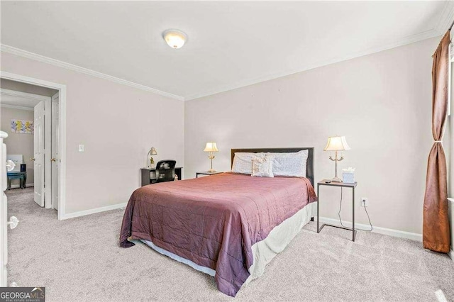 carpeted bedroom featuring crown molding