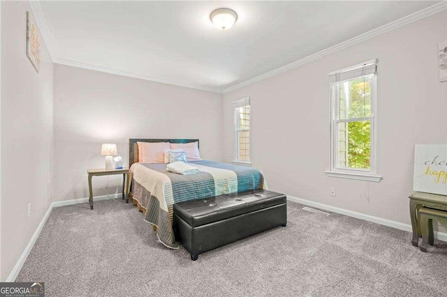 bedroom with carpet and ornamental molding