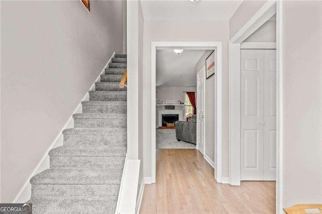 stairs featuring hardwood / wood-style flooring