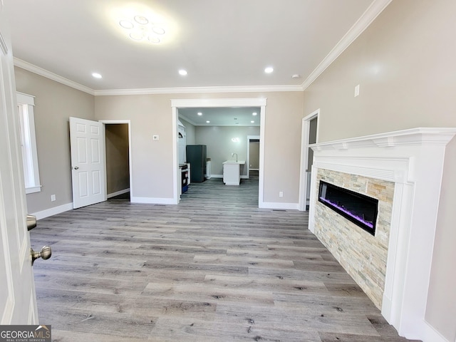 unfurnished living room with light hardwood / wood-style floors, a stone fireplace, ornamental molding, and sink