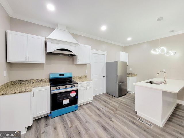 1311 Juniper St, Lagrange, GA 30240 - kitchen with a sink, ornamental molding, stainless steel appliances, and premium range hood