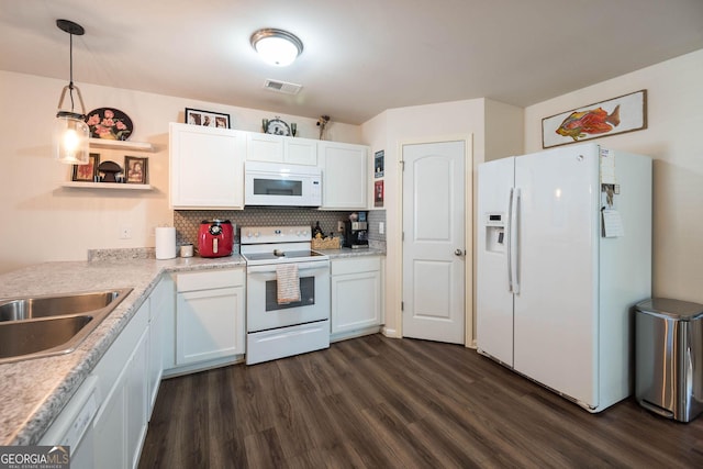 kitchen with open shelves, backsplash, dark wood-style floors, white appliances, and white cabinets