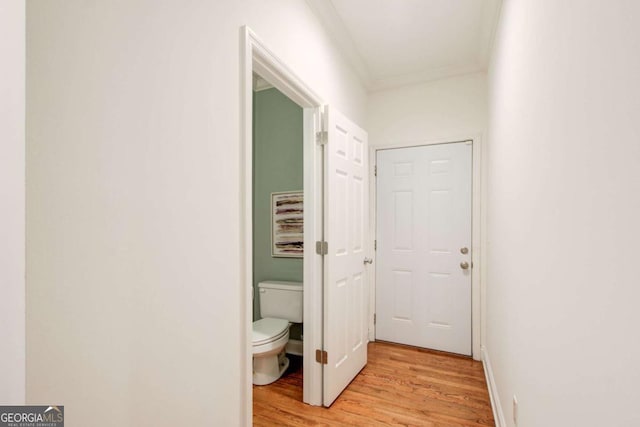 corridor featuring light hardwood / wood-style flooring and ornamental molding