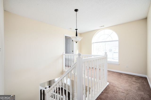 hallway featuring carpet floors and a textured ceiling