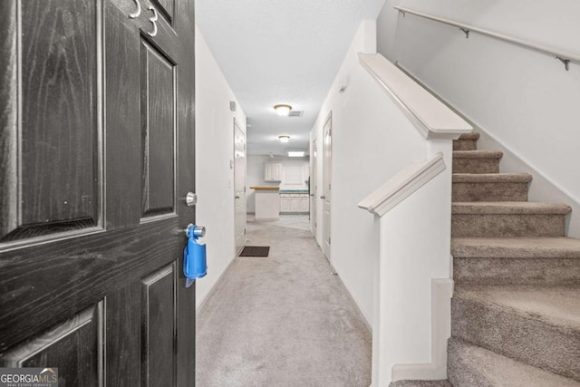 interior space with carpet floors and a textured ceiling