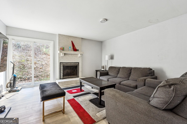 living room with a fireplace and light hardwood / wood-style flooring