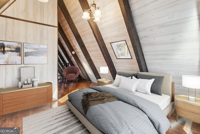 bedroom featuring wooden walls, lofted ceiling with beams, wood ceiling, dark wood-type flooring, and a chandelier