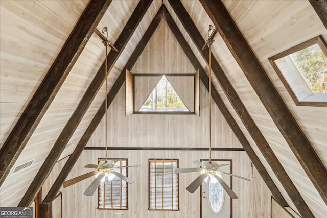 interior details with visible vents, wood walls, beamed ceiling, and wood ceiling