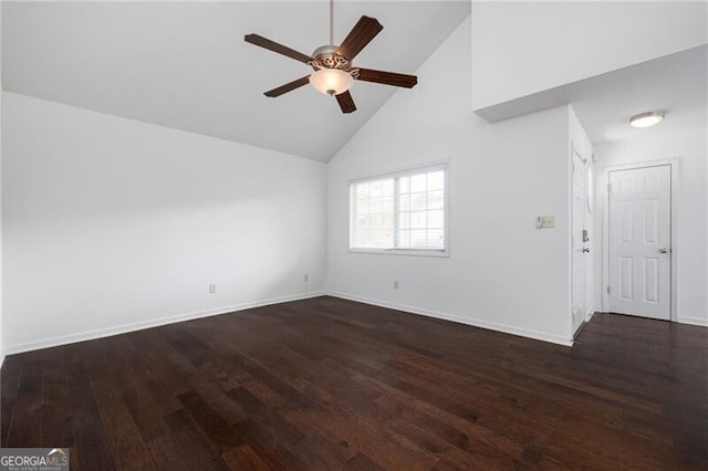 unfurnished room featuring high vaulted ceiling, ceiling fan, and dark wood-type flooring