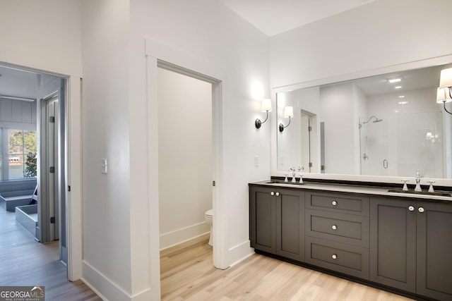 bathroom with hardwood / wood-style floors, vanity, an enclosed shower, and toilet