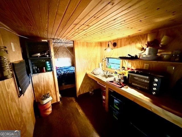 interior space featuring wooden walls and wooden ceiling