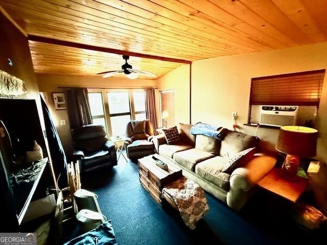 living room featuring ceiling fan, cooling unit, and wooden ceiling