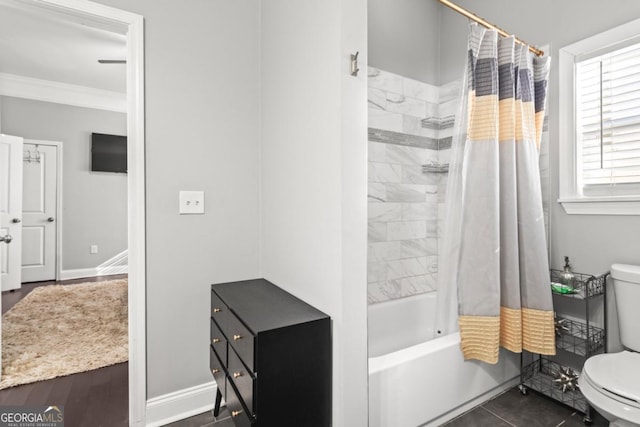 full bathroom featuring ornamental molding, vanity, shower / bath combination with curtain, and toilet