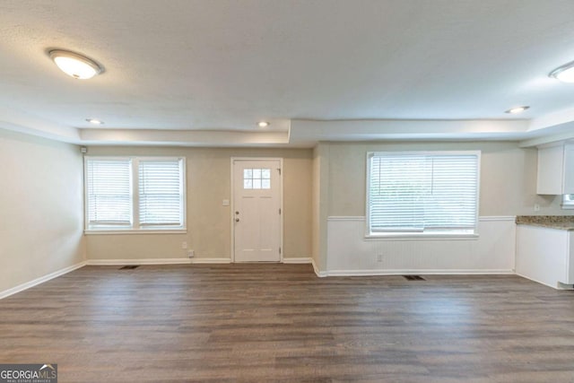 foyer featuring dark hardwood / wood-style flooring and a tray ceiling