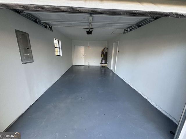 garage featuring electric panel, a garage door opener, and water heater