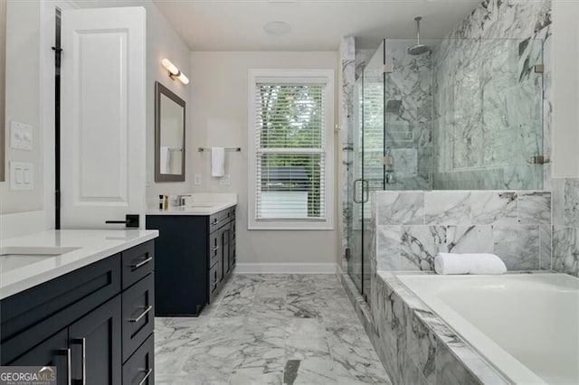 bathroom featuring independent shower and bath and vanity