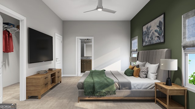 carpeted bedroom featuring connected bathroom and ceiling fan