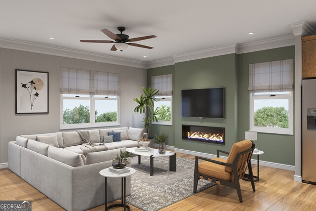 living room featuring light wood-type flooring, ceiling fan, and crown molding