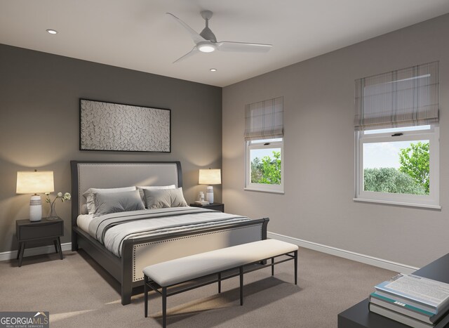 carpeted bedroom featuring ceiling fan