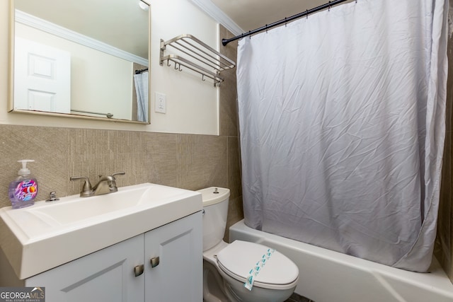 full bathroom with shower / tub combo, vanity, crown molding, tile walls, and toilet