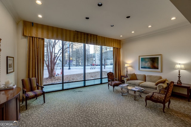 interior space with carpet and crown molding