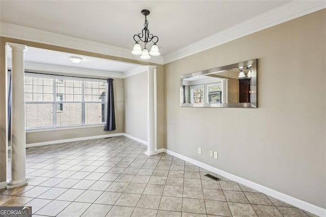 tiled spare room featuring crown molding and a chandelier