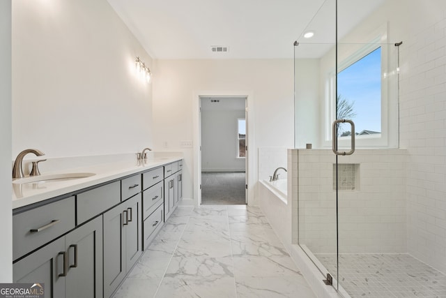 bathroom with vanity and independent shower and bath