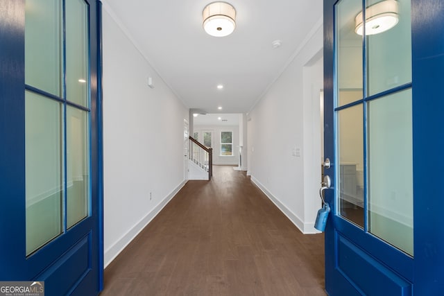 corridor featuring dark wood-type flooring