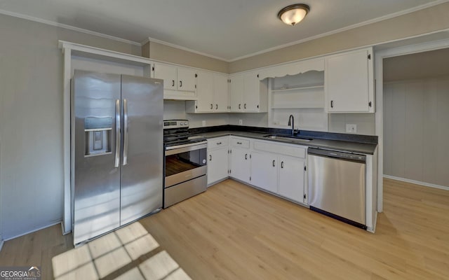 kitchen featuring light hardwood / wood-style floors, white cabinetry, sink, and appliances with stainless steel finishes