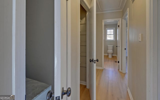 hall featuring light hardwood / wood-style floors and crown molding