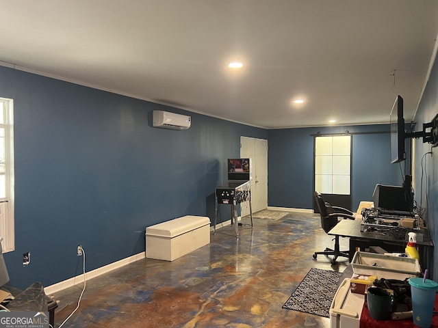 office featuring ornamental molding and a wall mounted AC