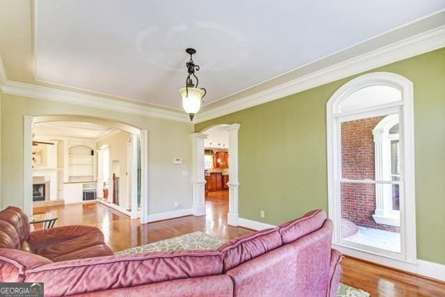 living room featuring hardwood / wood-style flooring, ornamental molding, and ornate columns