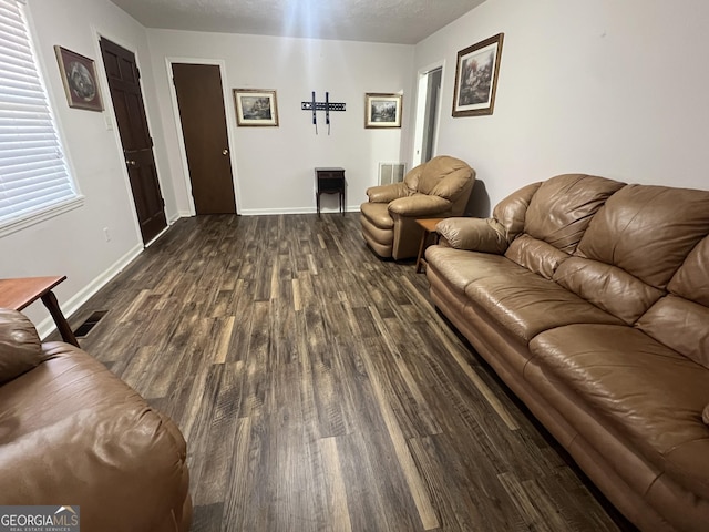 living room with a textured ceiling and dark hardwood / wood-style flooring