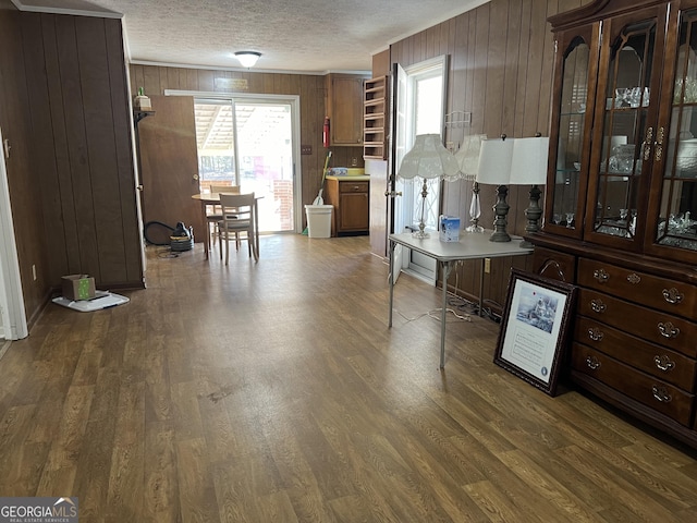 kitchen featuring dark hardwood / wood-style floors, wooden walls, and a textured ceiling