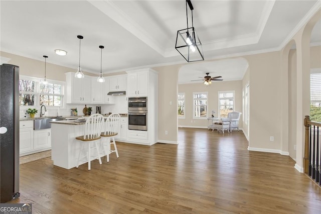 kitchen featuring white cabinets, a center island, a tray ceiling, and ceiling fan