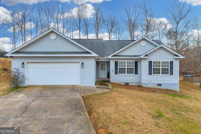 single story home with a garage and a front yard