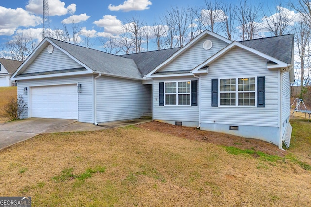 single story home with a front yard and a garage