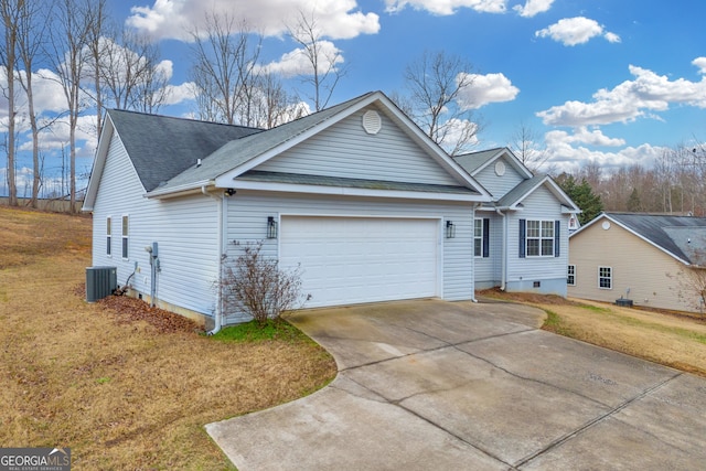 ranch-style home with a front lawn, central AC unit, and a garage