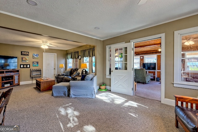 living room featuring heating unit, ceiling fan, carpet, and a textured ceiling