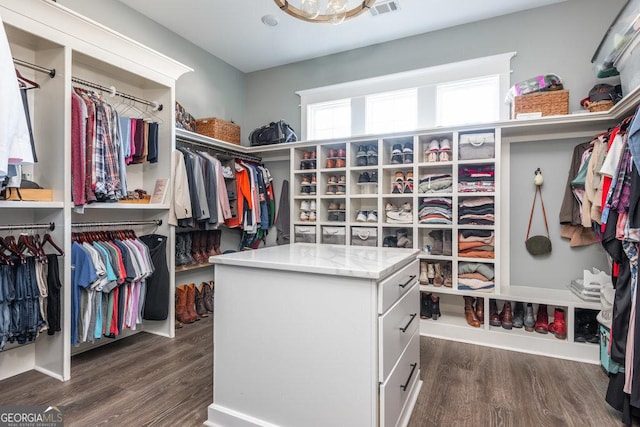 spacious closet with dark hardwood / wood-style floors