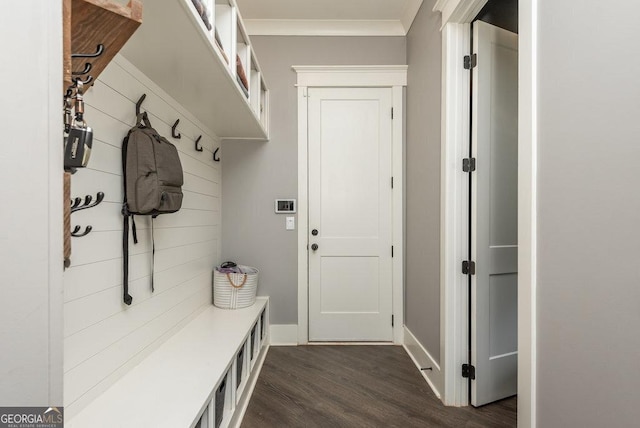 mudroom featuring dark hardwood / wood-style flooring and crown molding