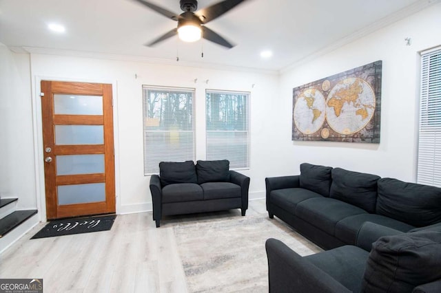 living room featuring light hardwood / wood-style flooring, ceiling fan, and crown molding