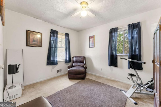 living area with ceiling fan, carpet, and a textured ceiling