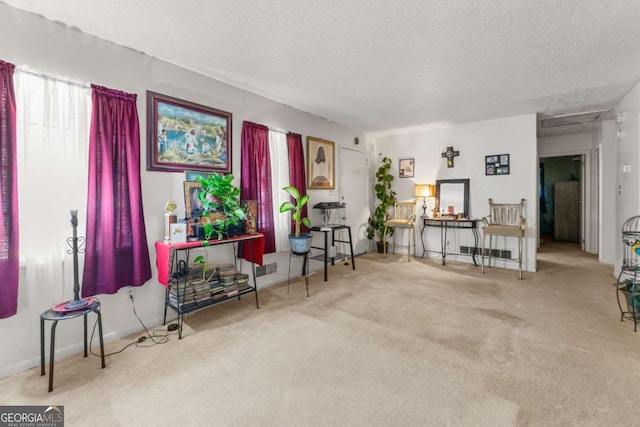 living area featuring light carpet and a textured ceiling