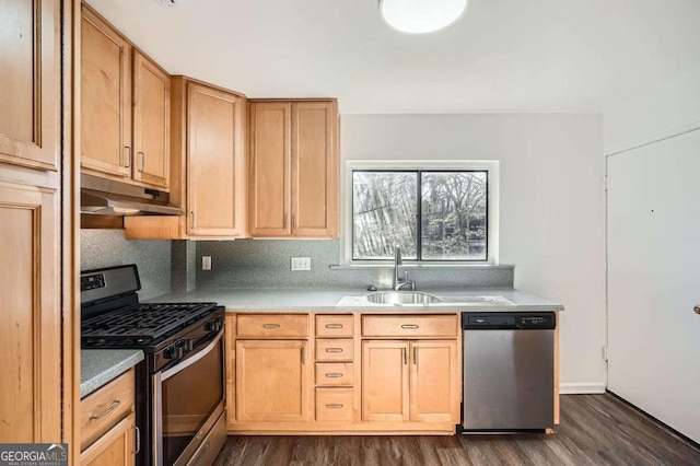 kitchen featuring light brown cabinets, sink, dark hardwood / wood-style floors, decorative backsplash, and stainless steel appliances