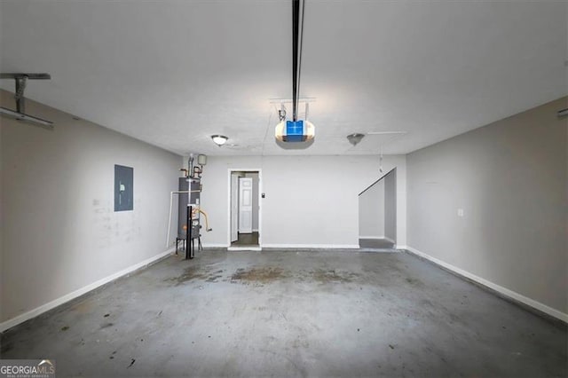 garage with electric panel, a garage door opener, and water heater