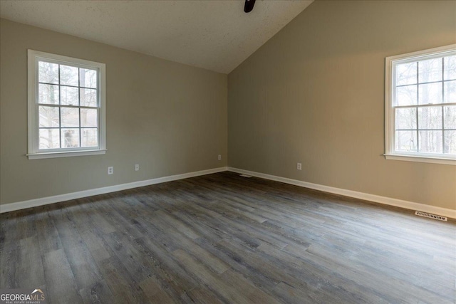 unfurnished room with vaulted ceiling, a healthy amount of sunlight, dark wood-type flooring, and a textured ceiling